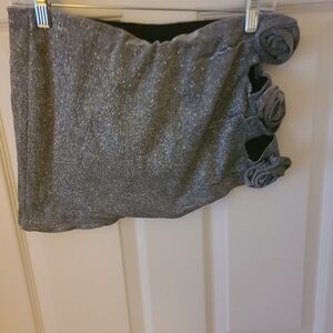 SHEIN Glittery Gray Mini Skirt with Rosette Details